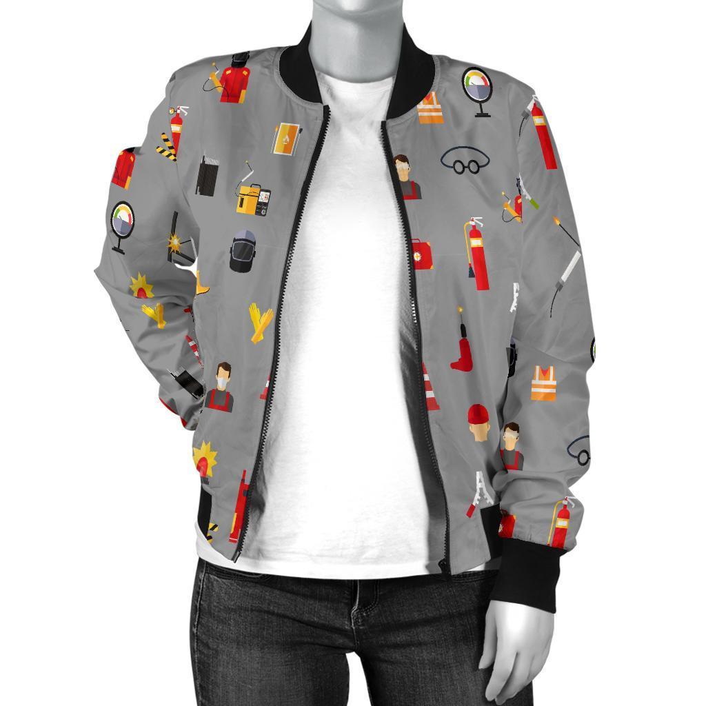 Welder Print Pattern Women Casual Bomber Jacket-grizzshop