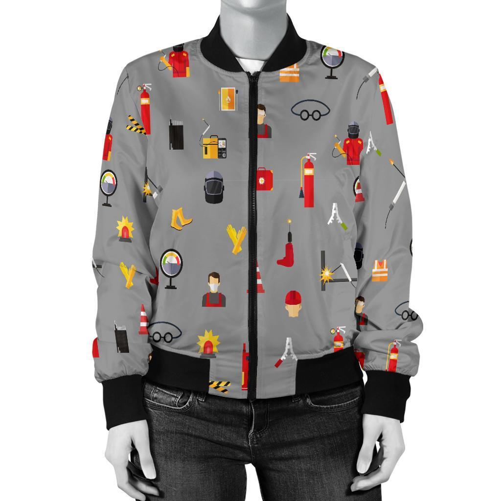 Welder Print Pattern Women Casual Bomber Jacket-grizzshop
