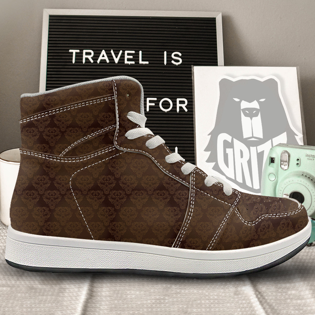Western Damask Dark Brown Print High Top Sneakers-grizzshop