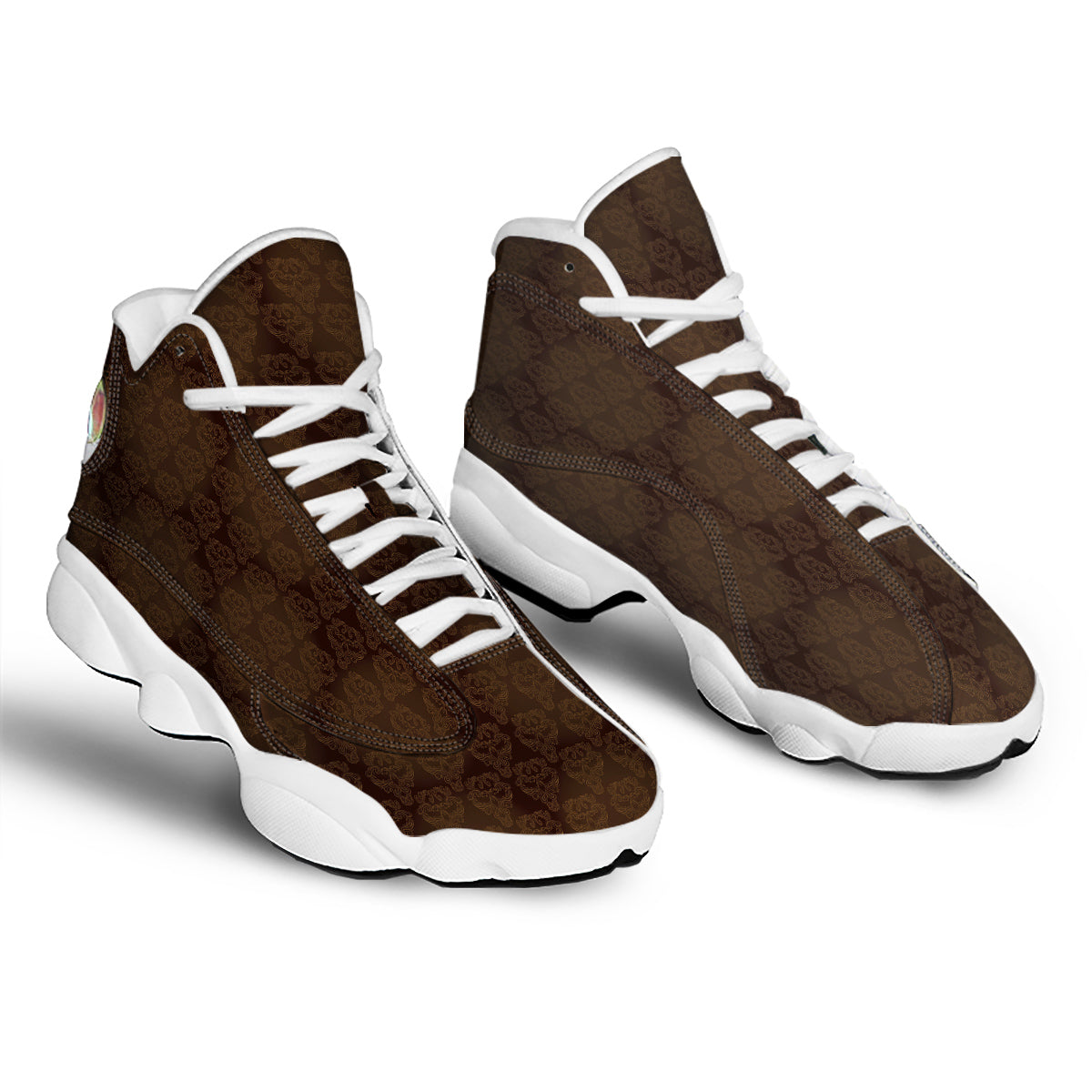 Western Damask Dark Brown Print White Basketball Shoes-grizzshop