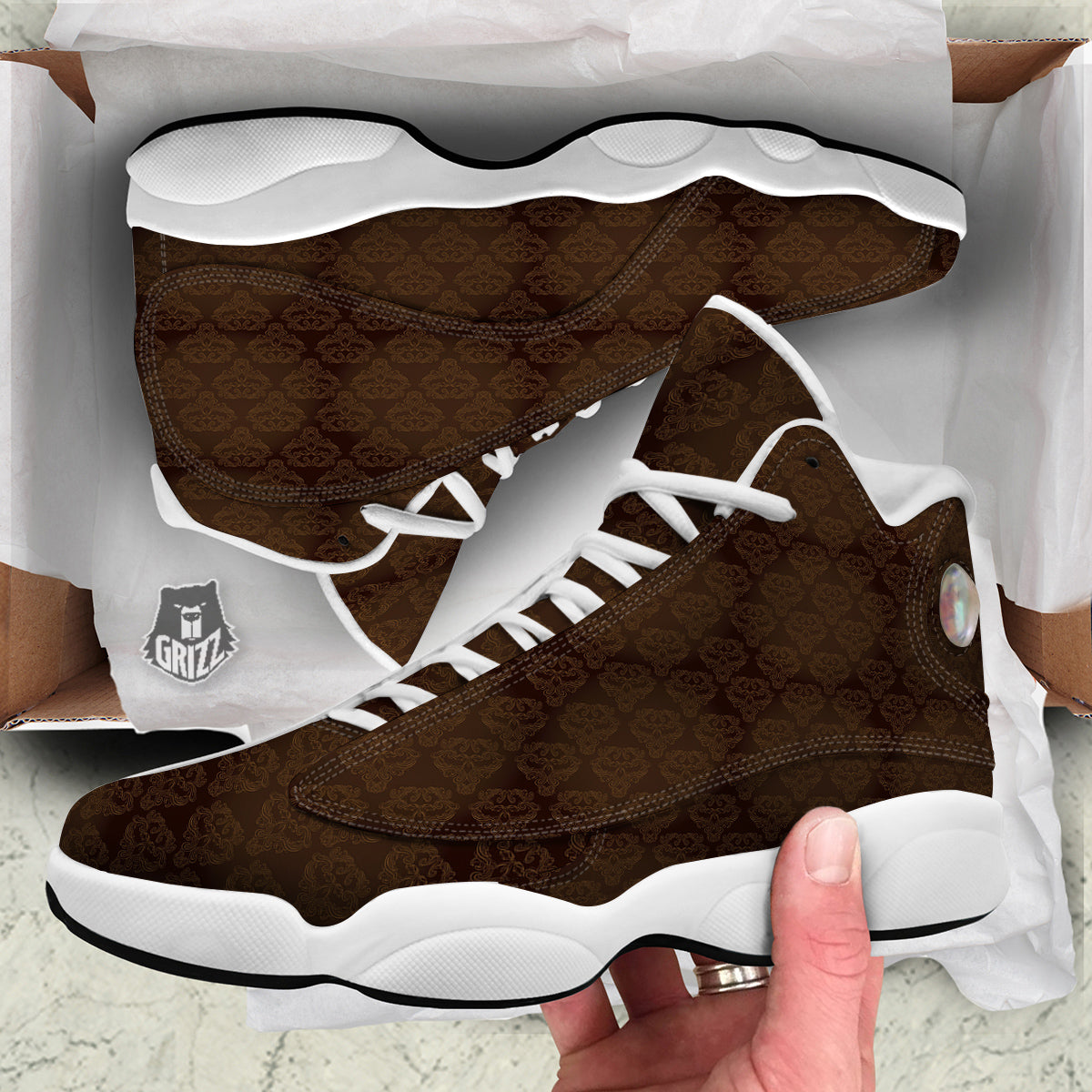 Western Damask Dark Brown Print White Basketball Shoes-grizzshop