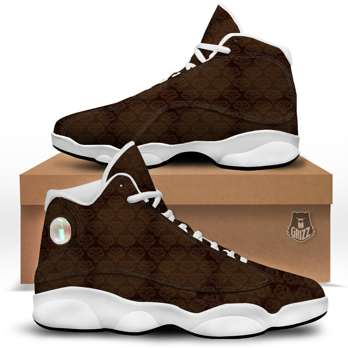 Western Damask Dark Brown Print White Basketball Shoes-grizzshop