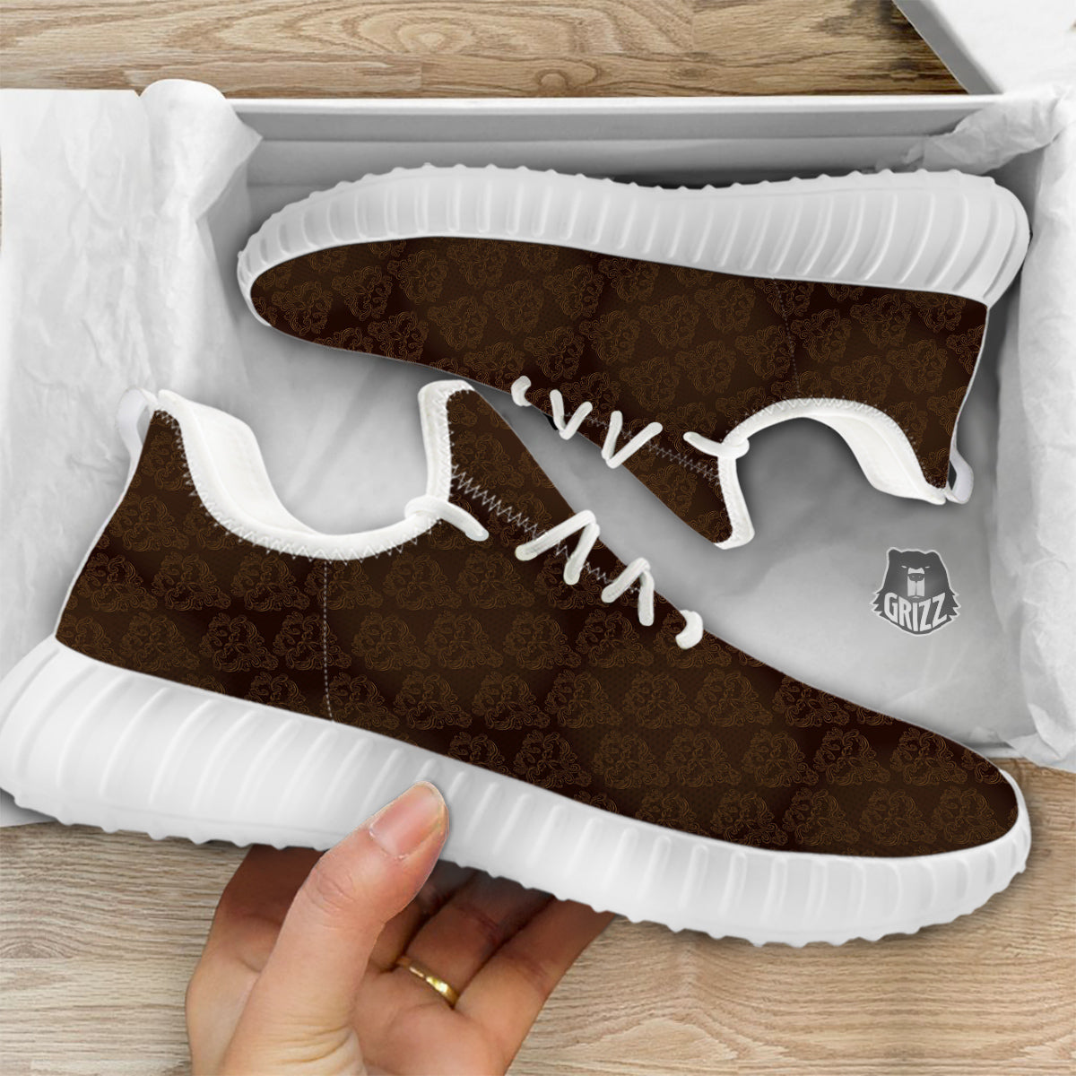 Western Damask Dark Brown Print White Walking Shoes-grizzshop