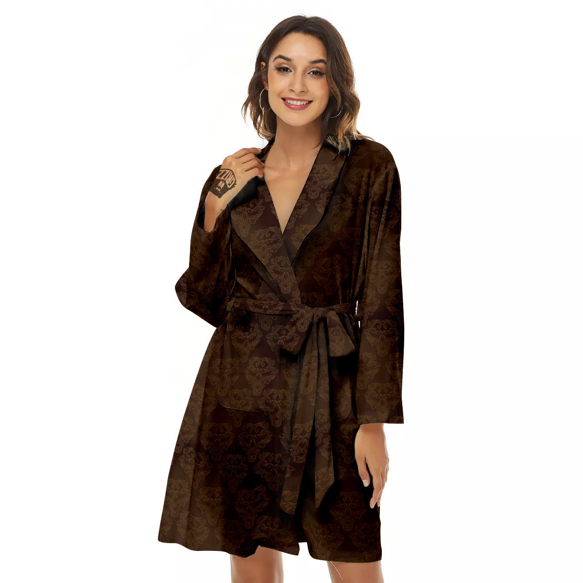 Western Damask Dark Brown Print Women's Robe-grizzshop