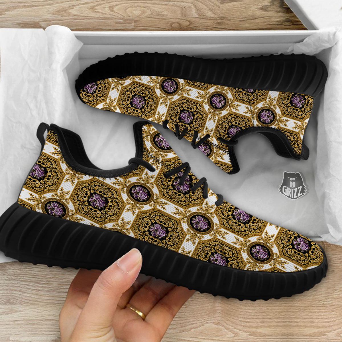 Western Damask Ornamental Print Black Walking Shoes-grizzshop
