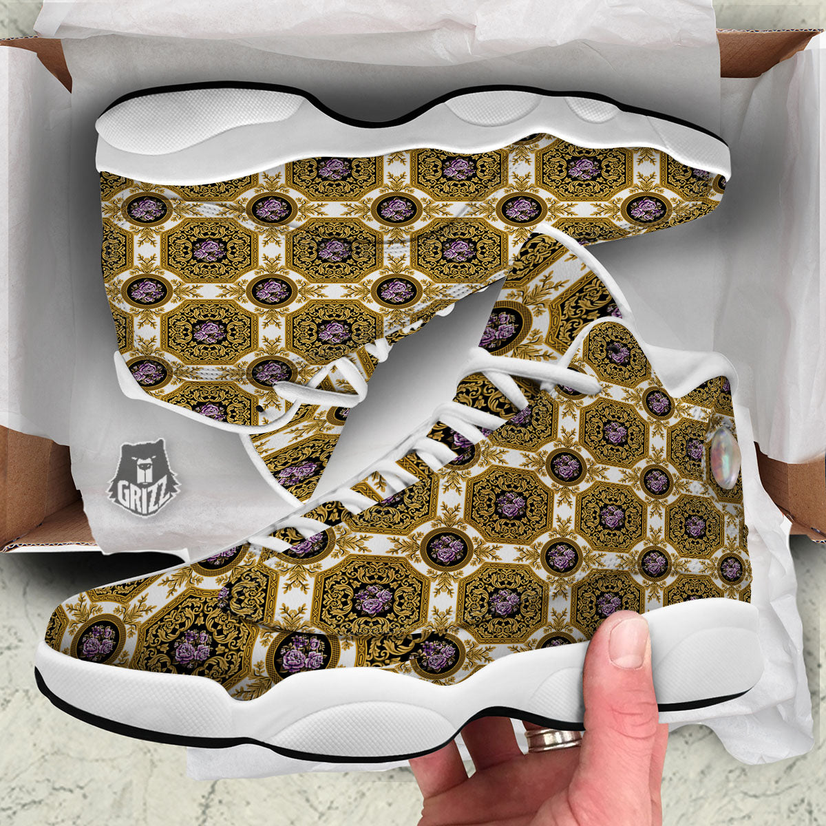 Western Damask Ornamental Print White Basketball Shoes-grizzshop