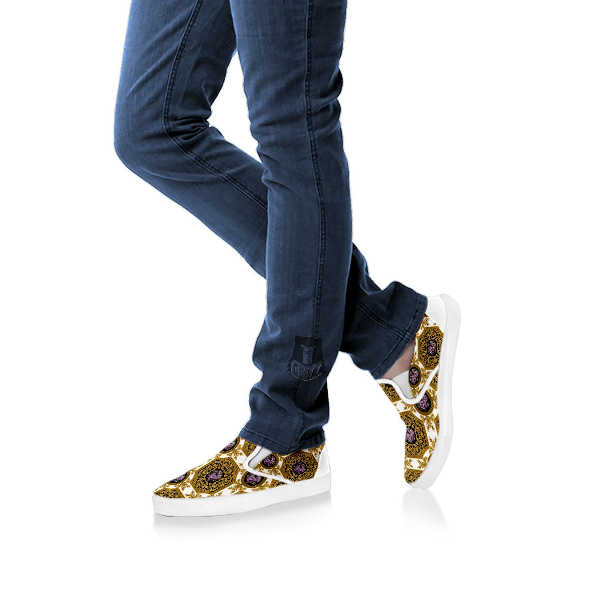 Western Damask Ornamental Print White Slip On Shoes-grizzshop