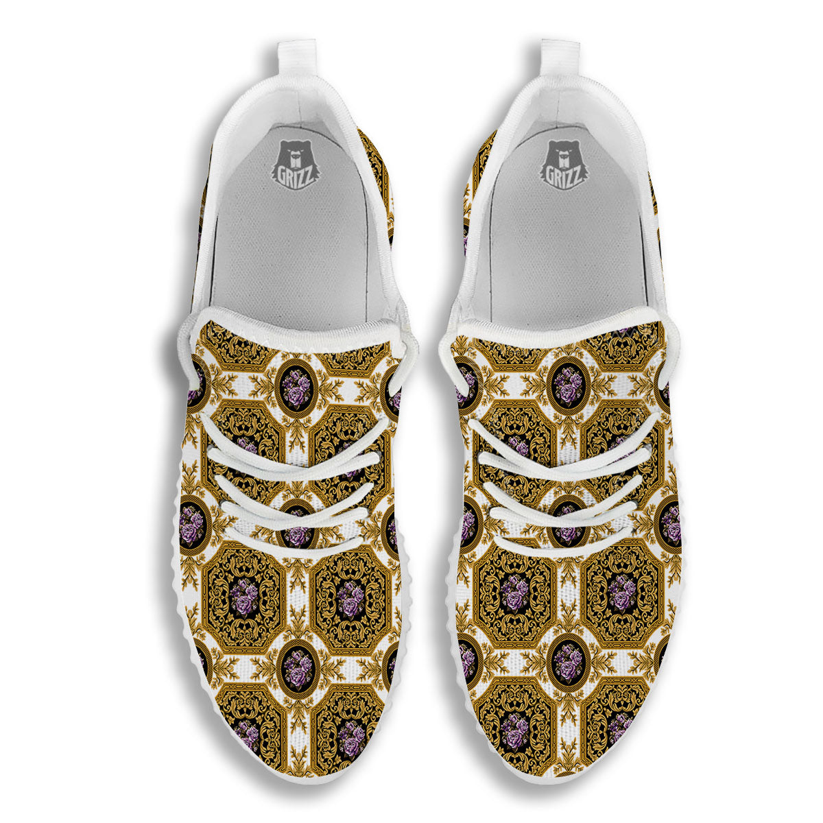 Western Damask Ornamental Print White Walking Shoes-grizzshop
