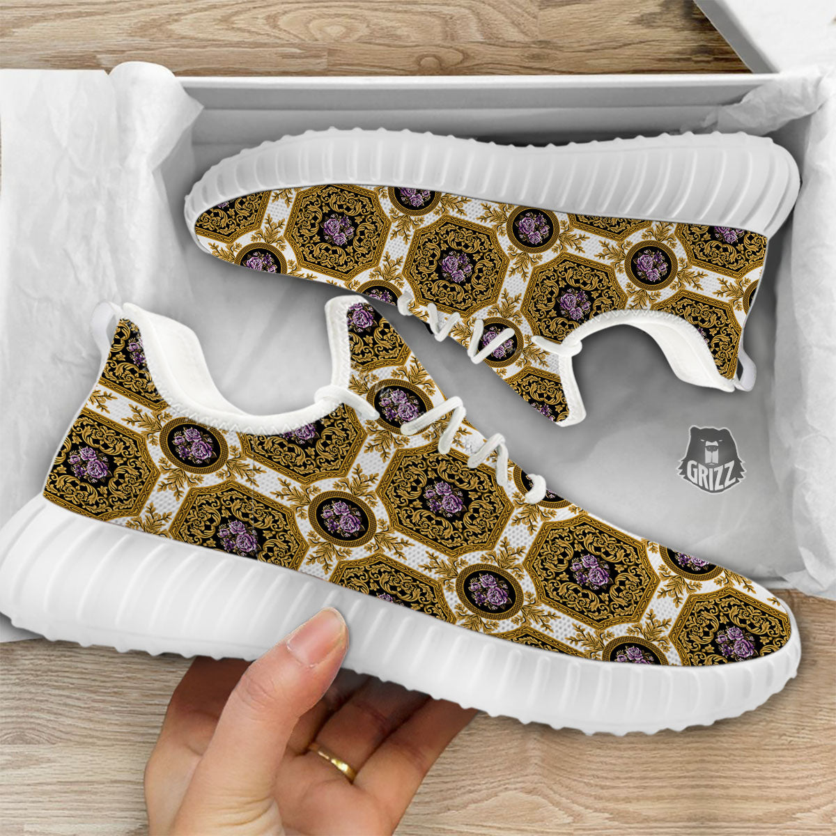 Western Damask Ornamental Print White Walking Shoes-grizzshop