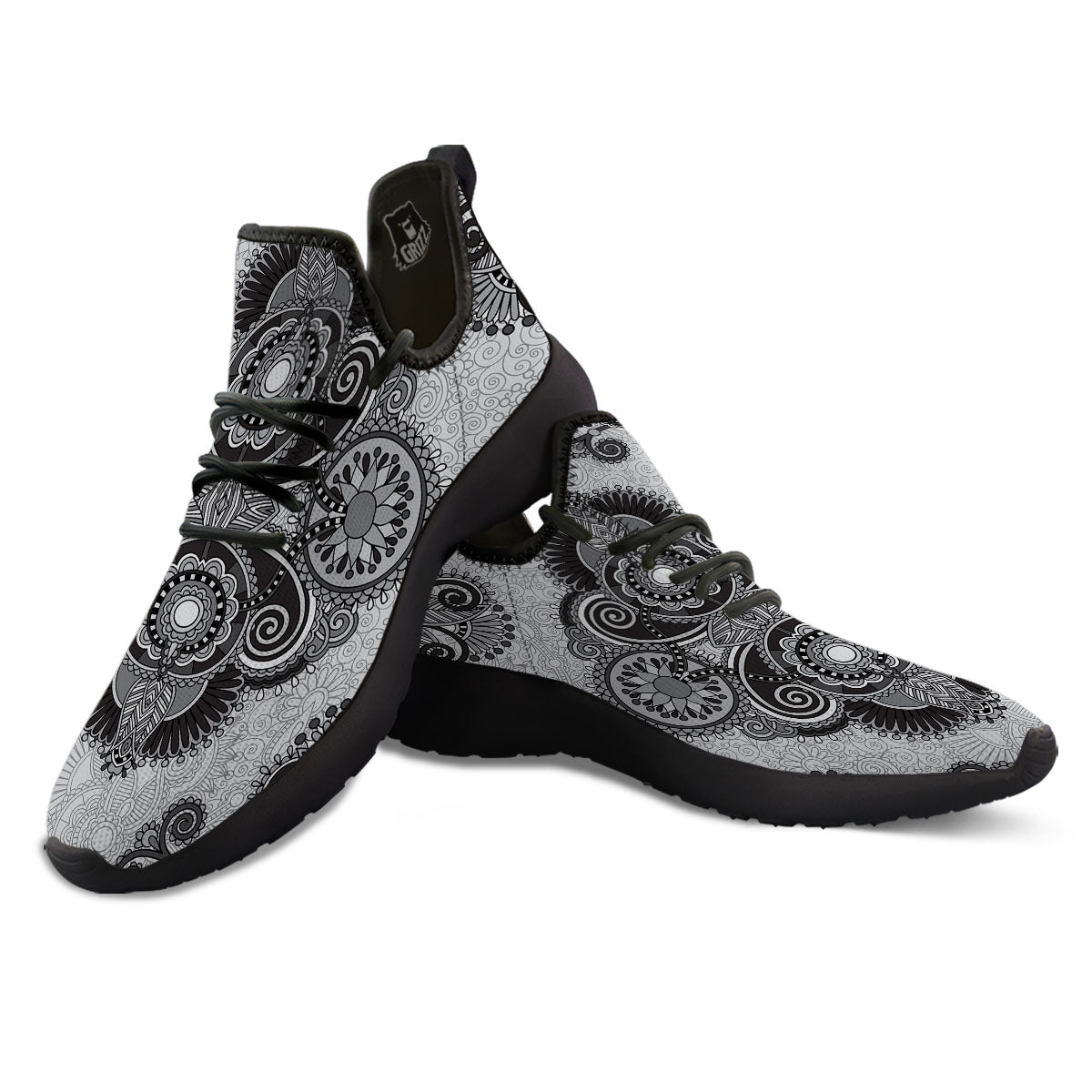 Western Floral Grey And Black Print Black Athletic Shoes-grizzshop