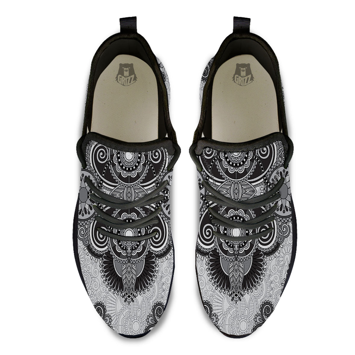 Western Floral Grey And Black Print Black Athletic Shoes-grizzshop