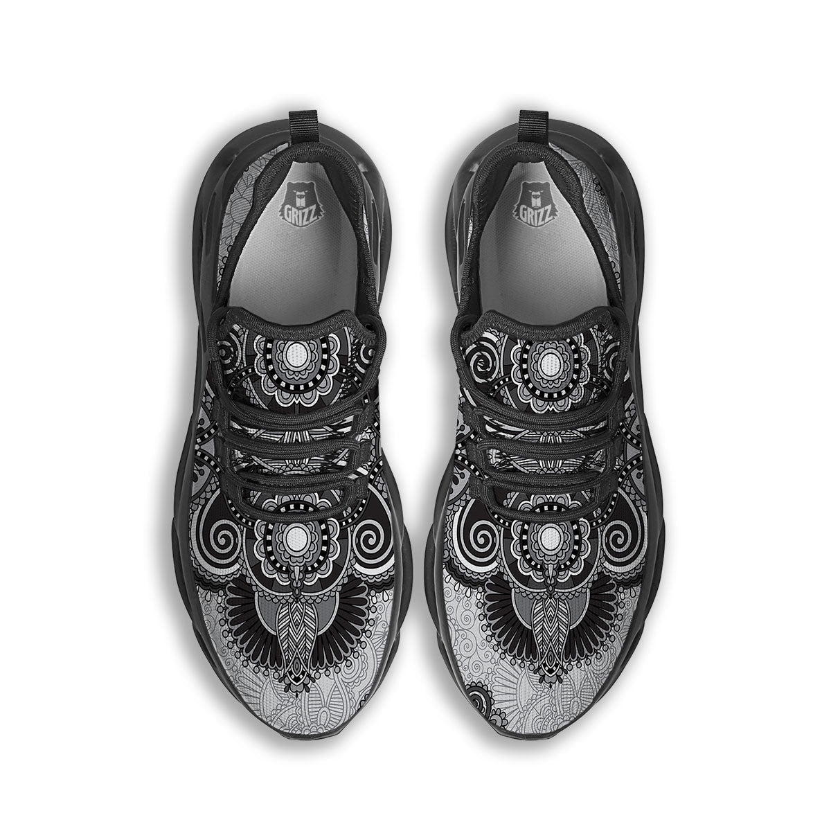 Western Floral Grey And Black Print Black Running Shoes-grizzshop