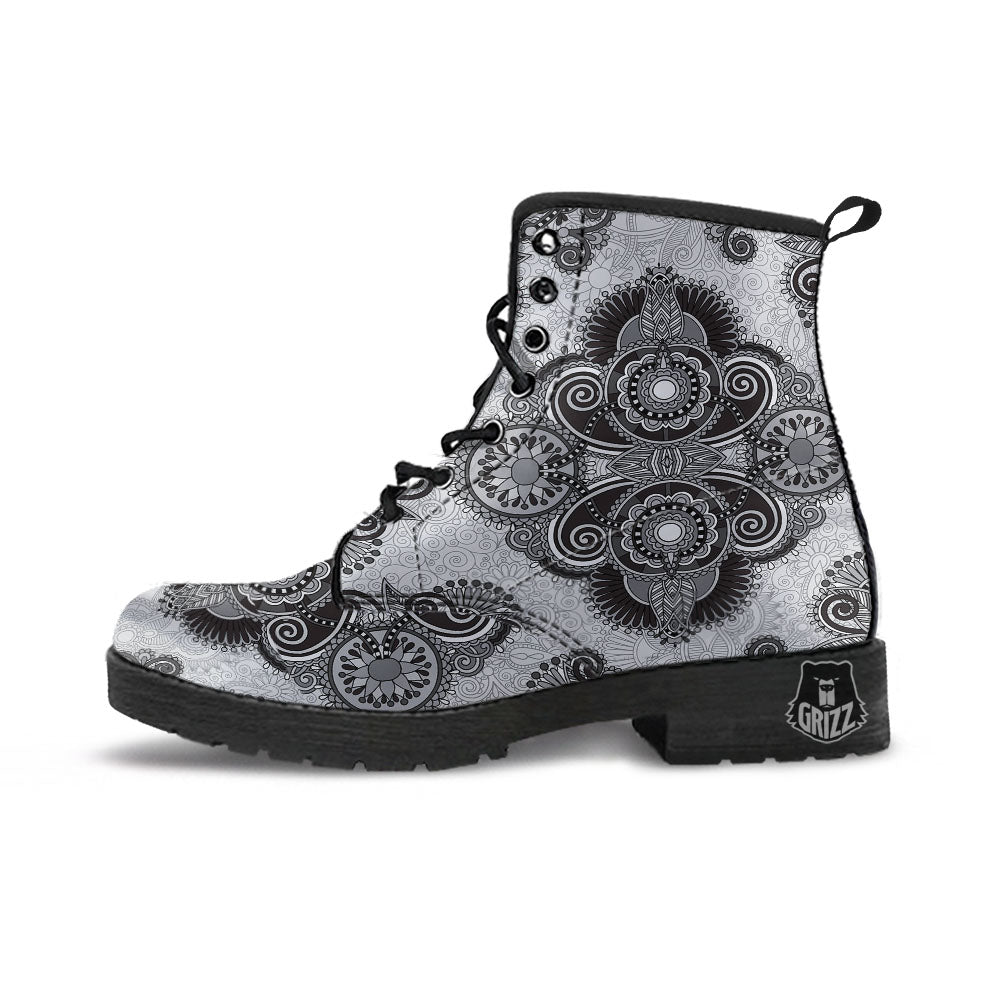 Western Floral Grey And Black Print Leather Boots-grizzshop