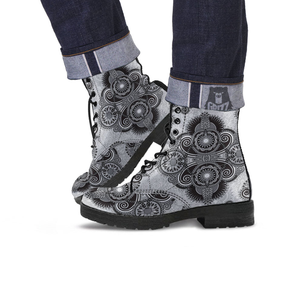 Western Floral Grey And Black Print Leather Boots-grizzshop