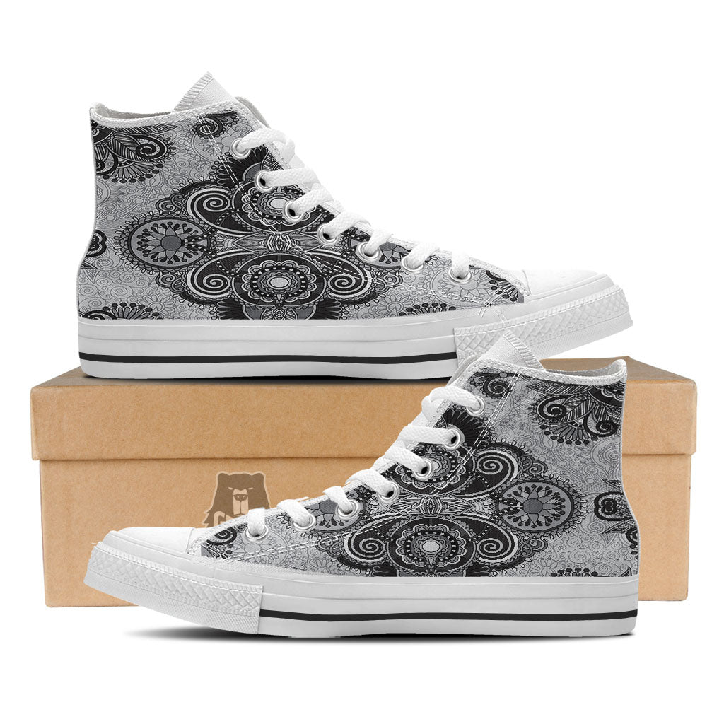 Western Floral Grey And Black Print White High Top Shoes-grizzshop