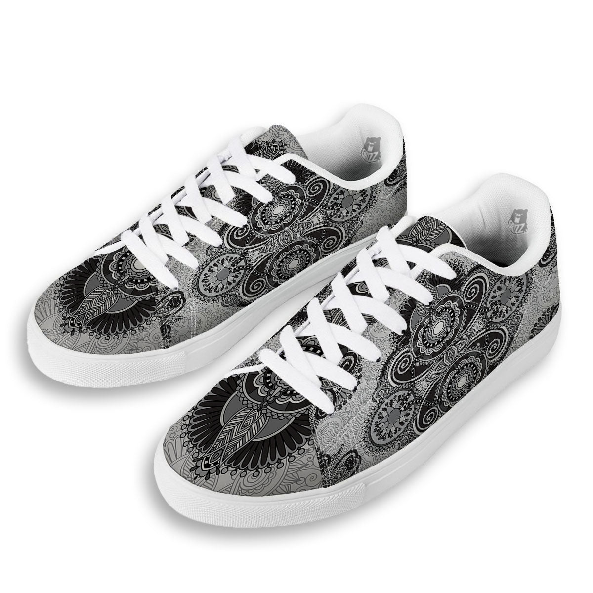 Western Floral Grey And Black Print White Low Top Sneakers-grizzshop