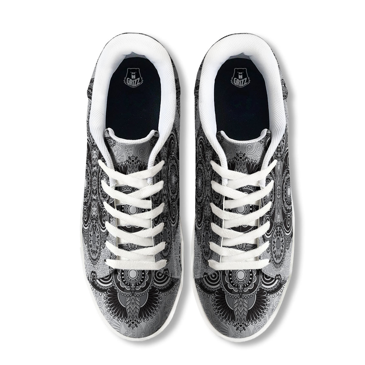 Western Floral Grey And Black Print White Low Top Sneakers-grizzshop