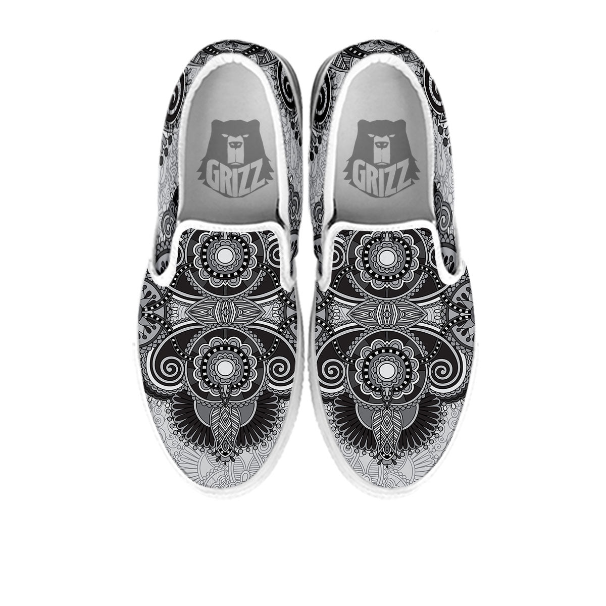 Western Floral Grey And Black Print White Slip On Shoes-grizzshop