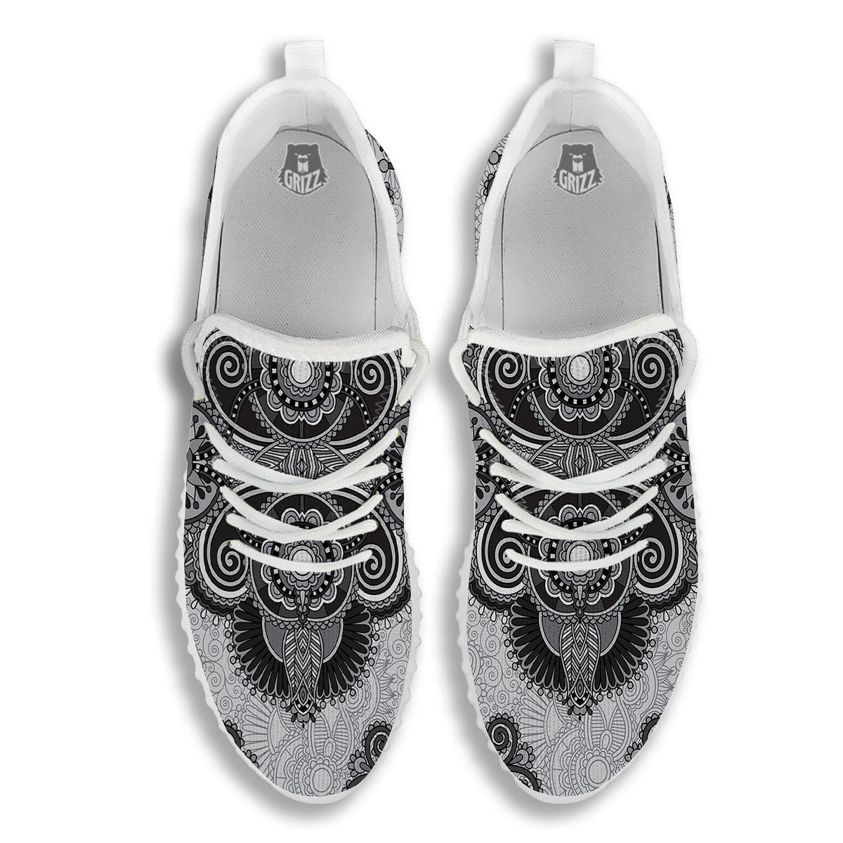 Western Floral Grey And Black Print White Walking Shoes-grizzshop