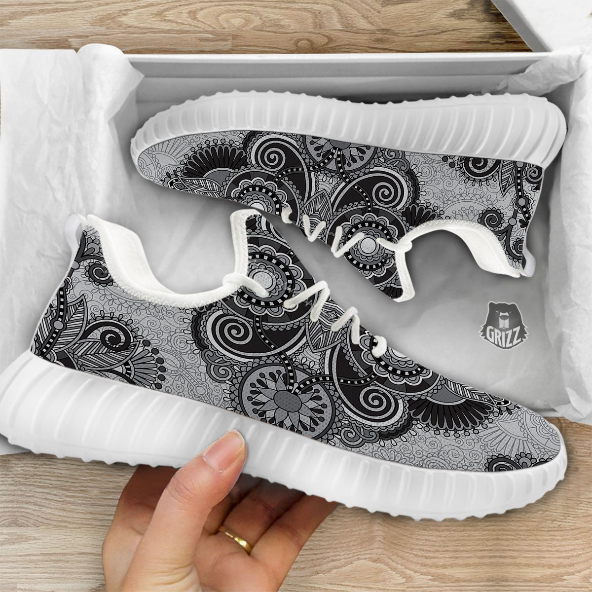 Western Floral Grey And Black Print White Walking Shoes-grizzshop