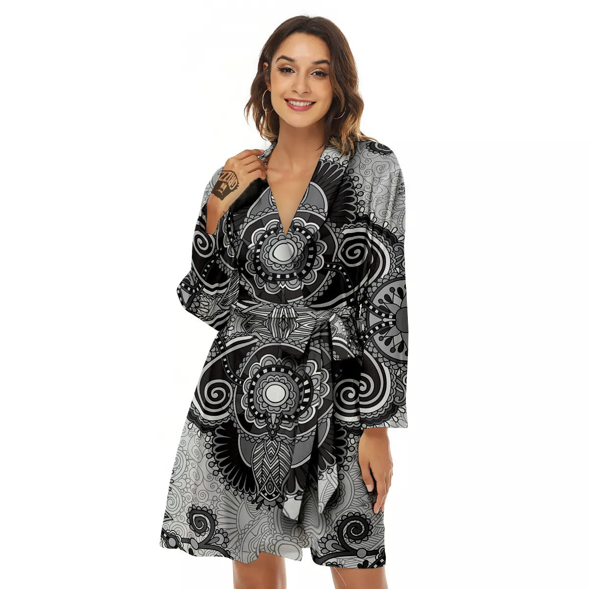 Western Floral Grey And Black Print Women's Robe-grizzshop