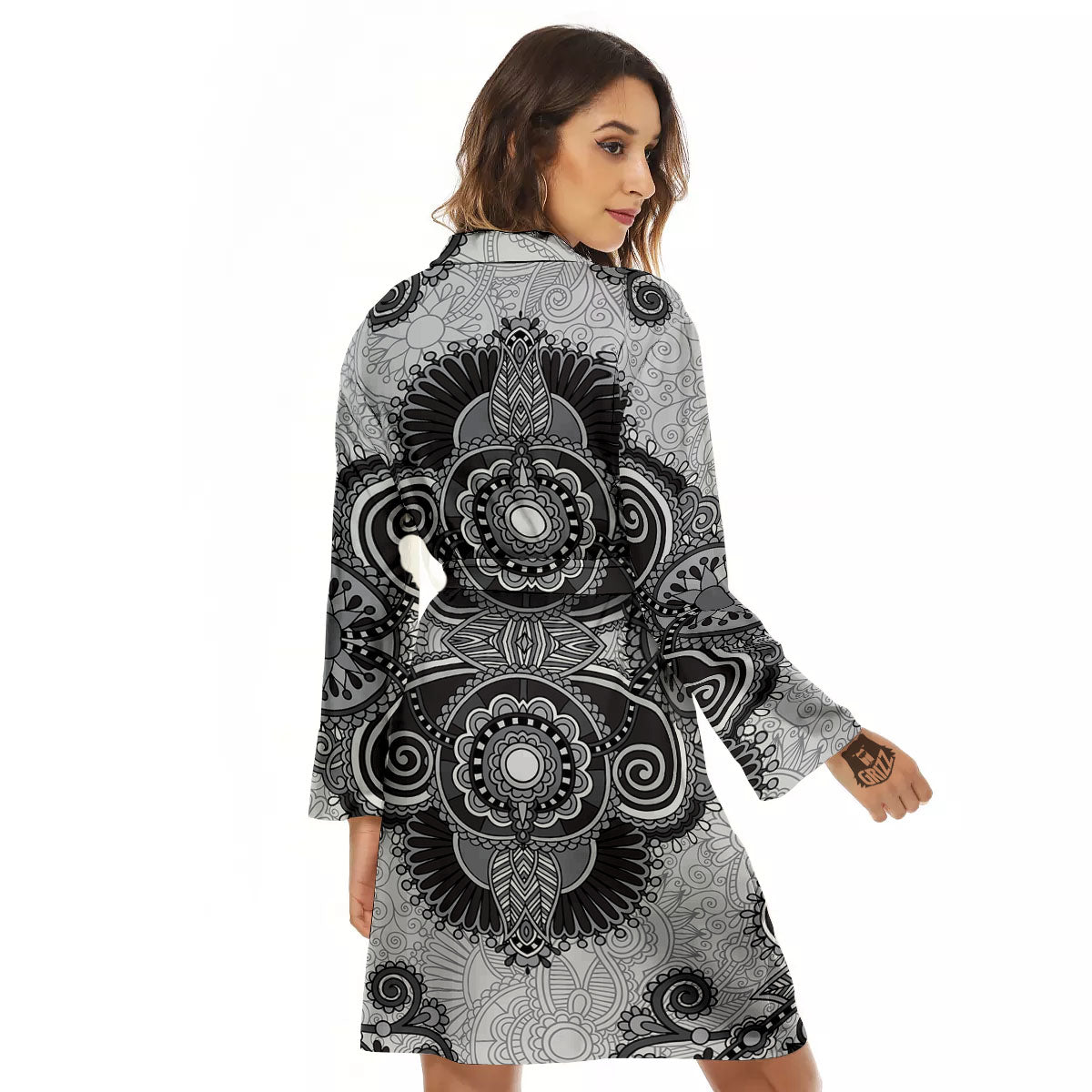 Western Floral Grey And Black Print Women's Robe-grizzshop