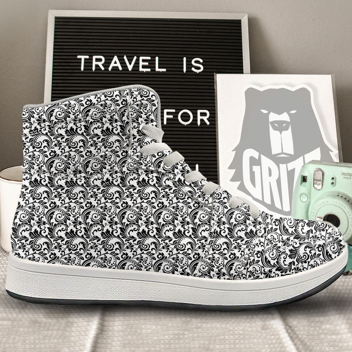Western Flower White And Black Print High Top Sneakers-grizzshop