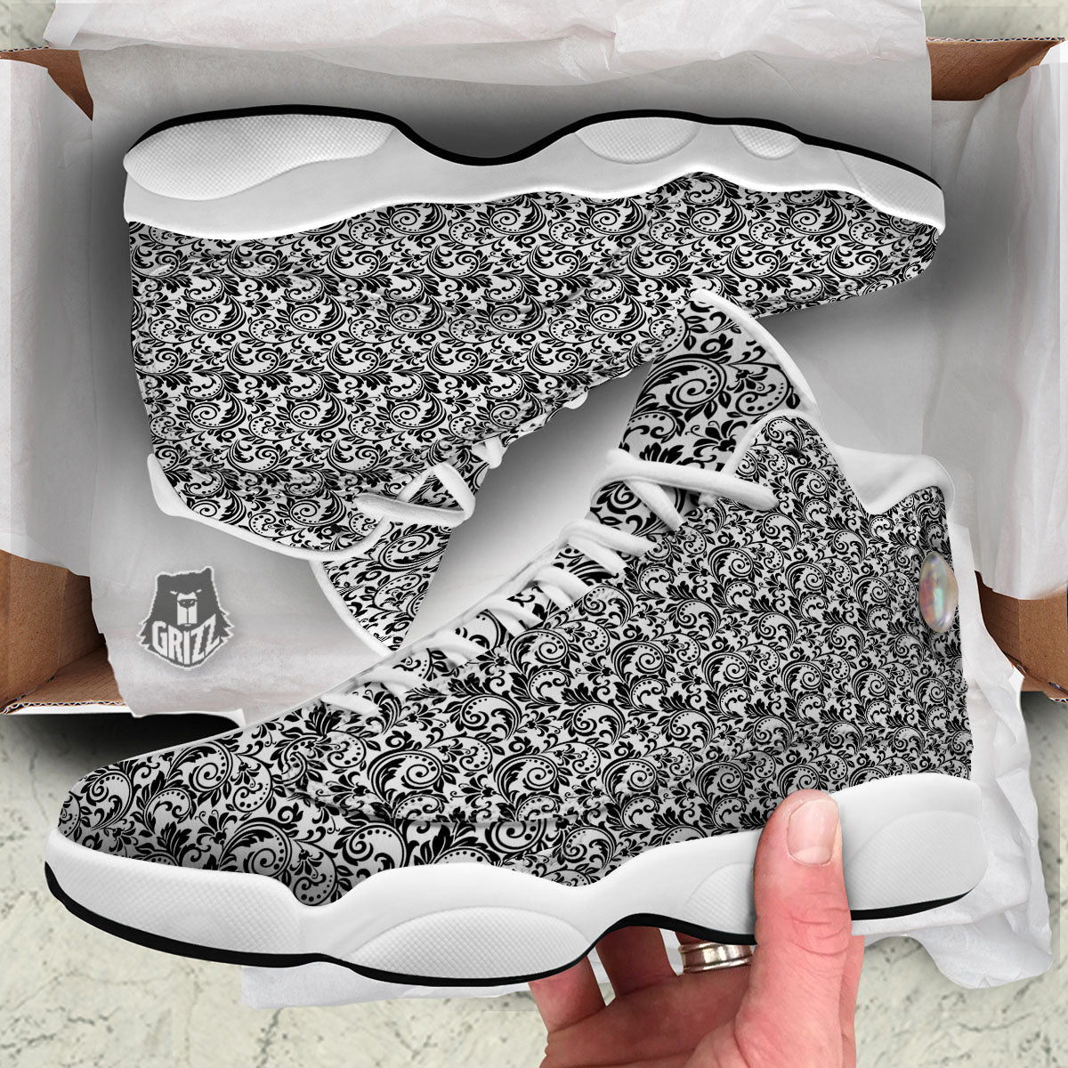 Western Flower White And Black Print White Basketball Shoes-grizzshop