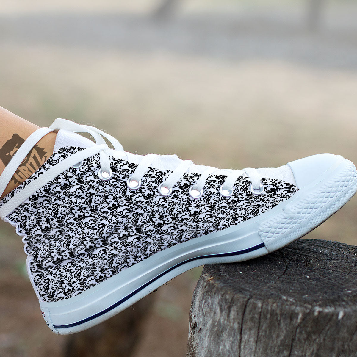Western Flower White And Black Print White High Top Shoes-grizzshop