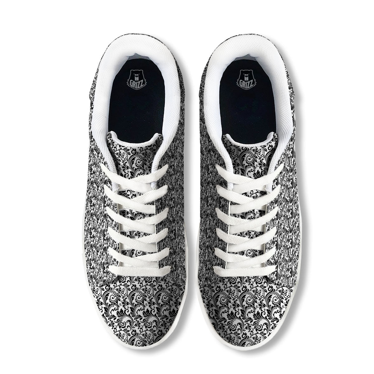 Western Flower White And Black Print White Low Top Sneakers-grizzshop