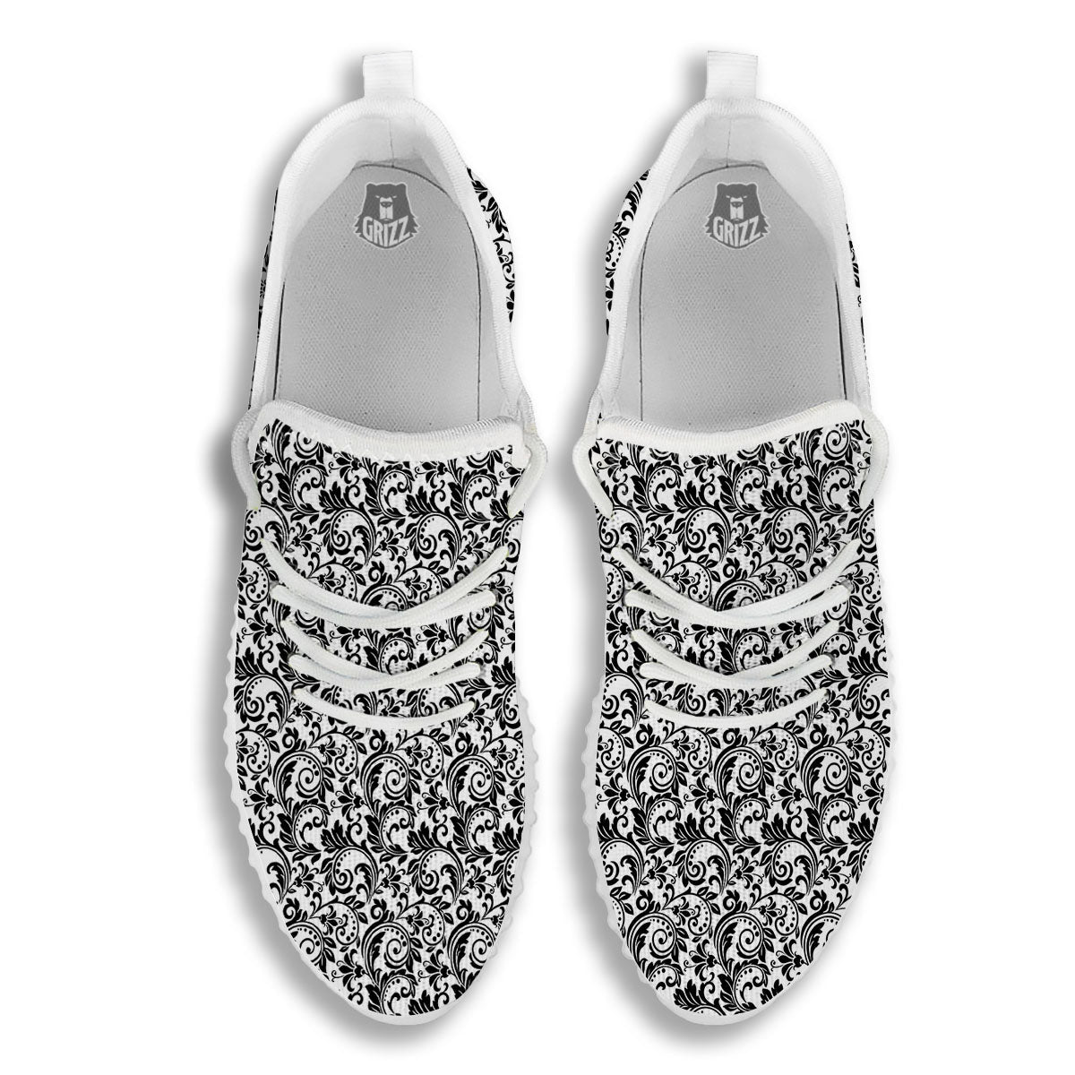 Western Flower White And Black Print White Walking Shoes-grizzshop