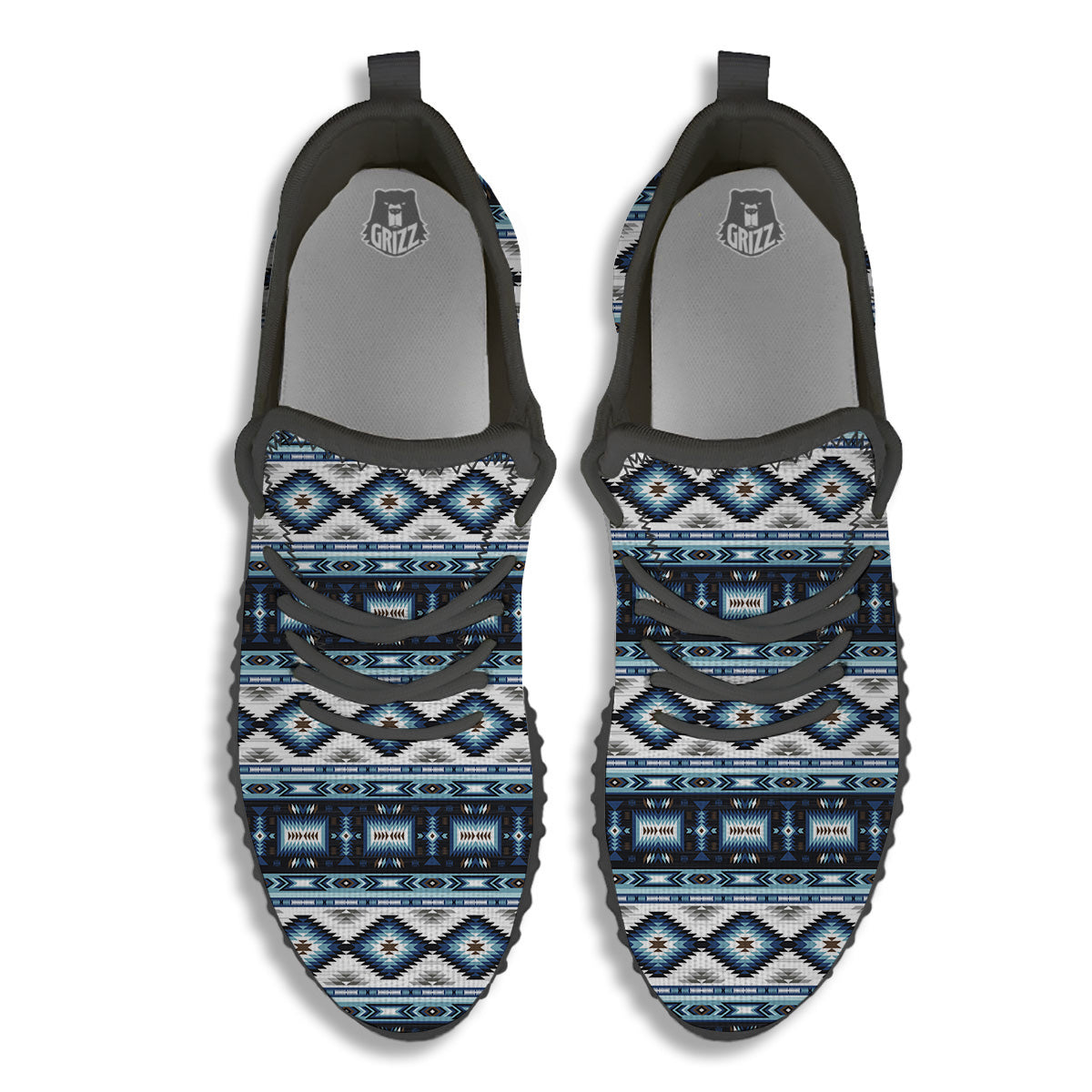 Western Navajo Blue Native Print Black Walking Shoes-grizzshop