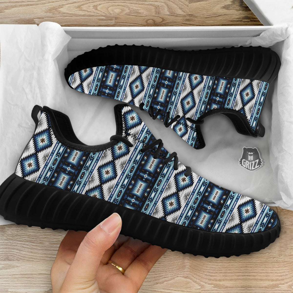 Western Navajo Blue Native Print Black Walking Shoes-grizzshop