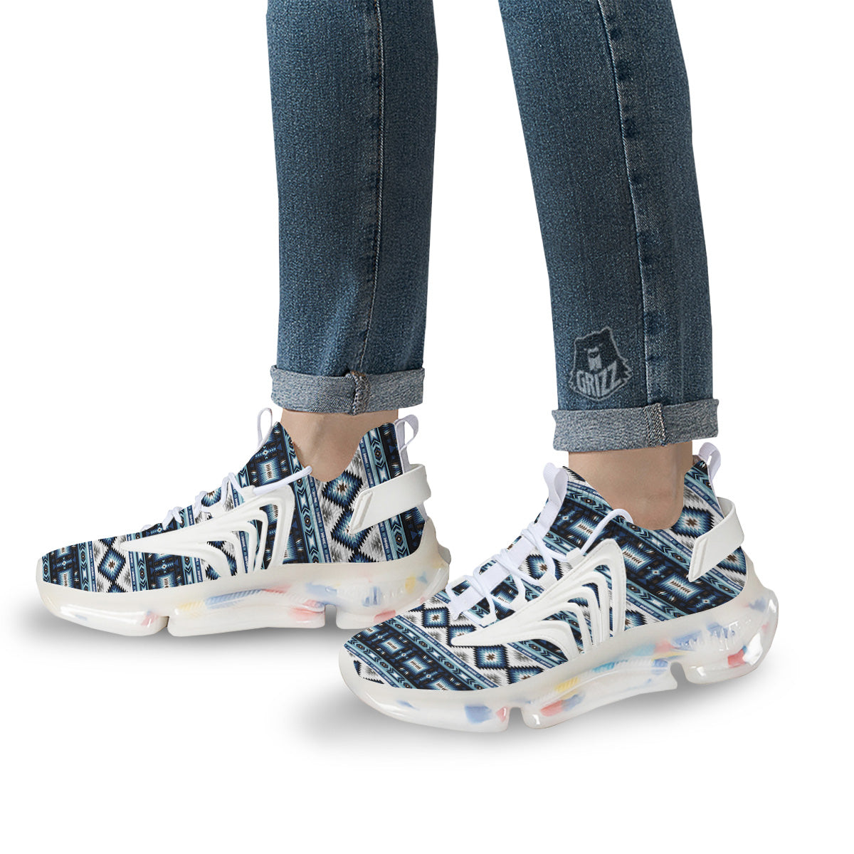 Western Navajo Blue Native Print White Gym Shoes-grizzshop