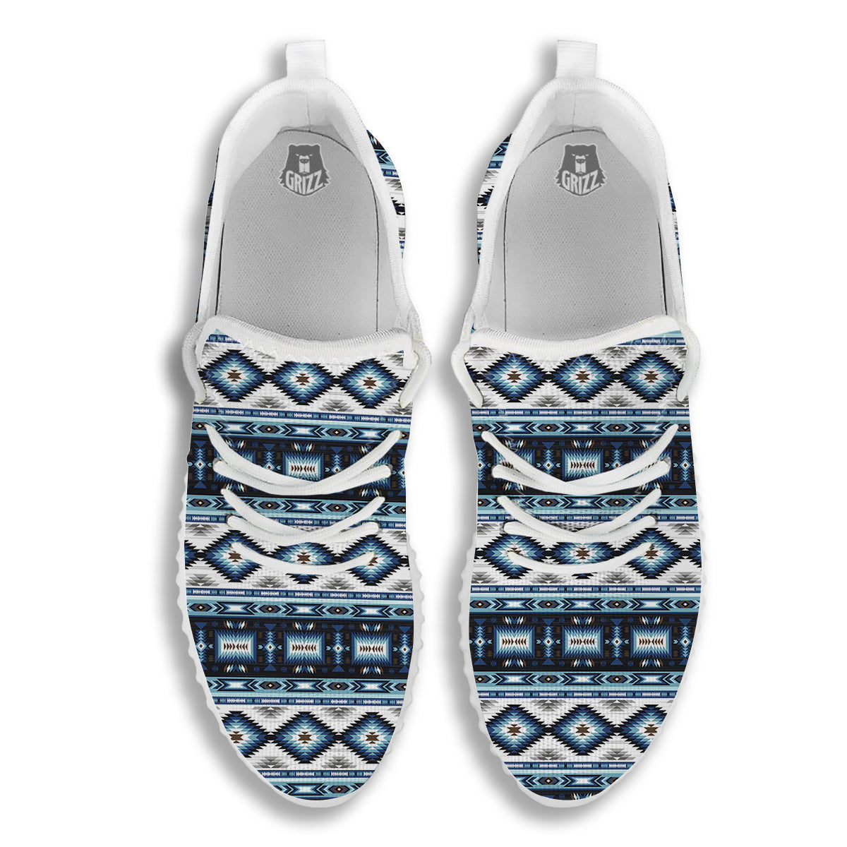 Western Navajo Blue Native Print White Walking Shoes-grizzshop