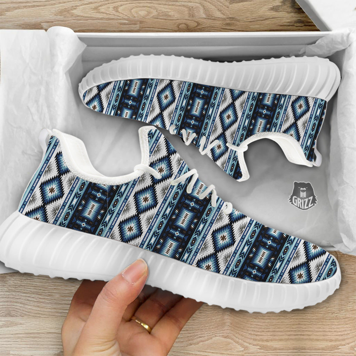 Western Navajo Blue Native Print White Walking Shoes-grizzshop
