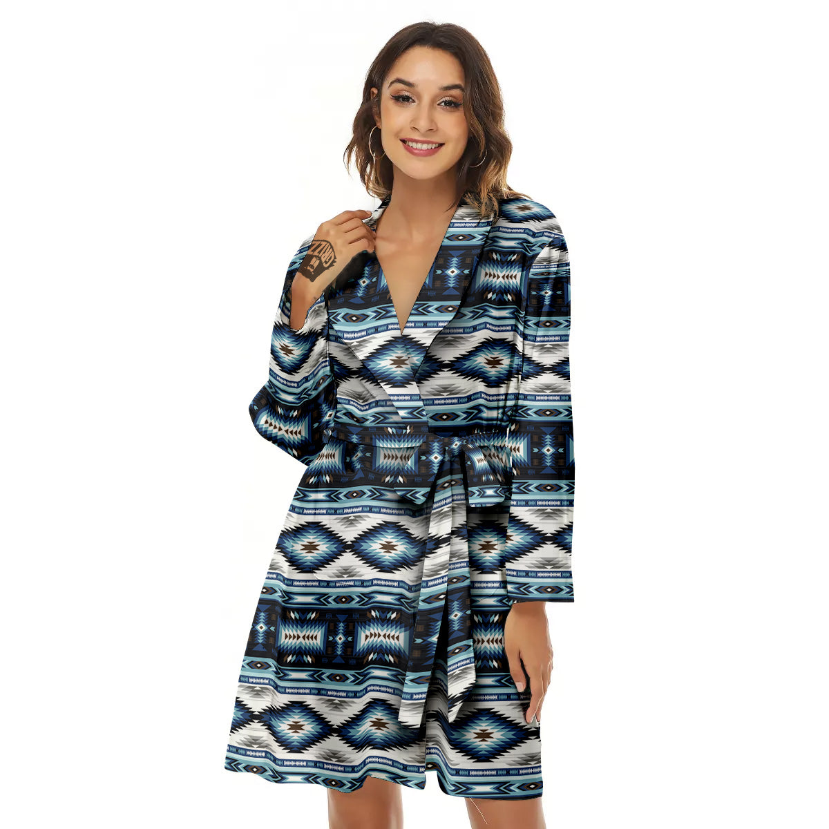 Western Navajo Blue Native Print Women's Robe-grizzshop