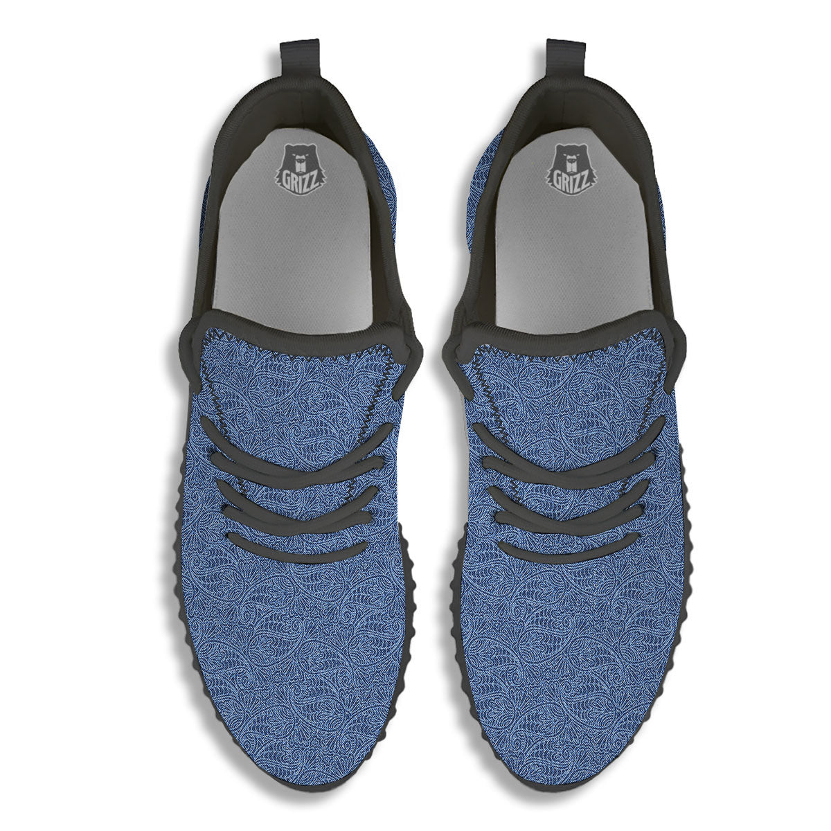 Western Paisley Blue Denim Print Black Walking Shoes-grizzshop