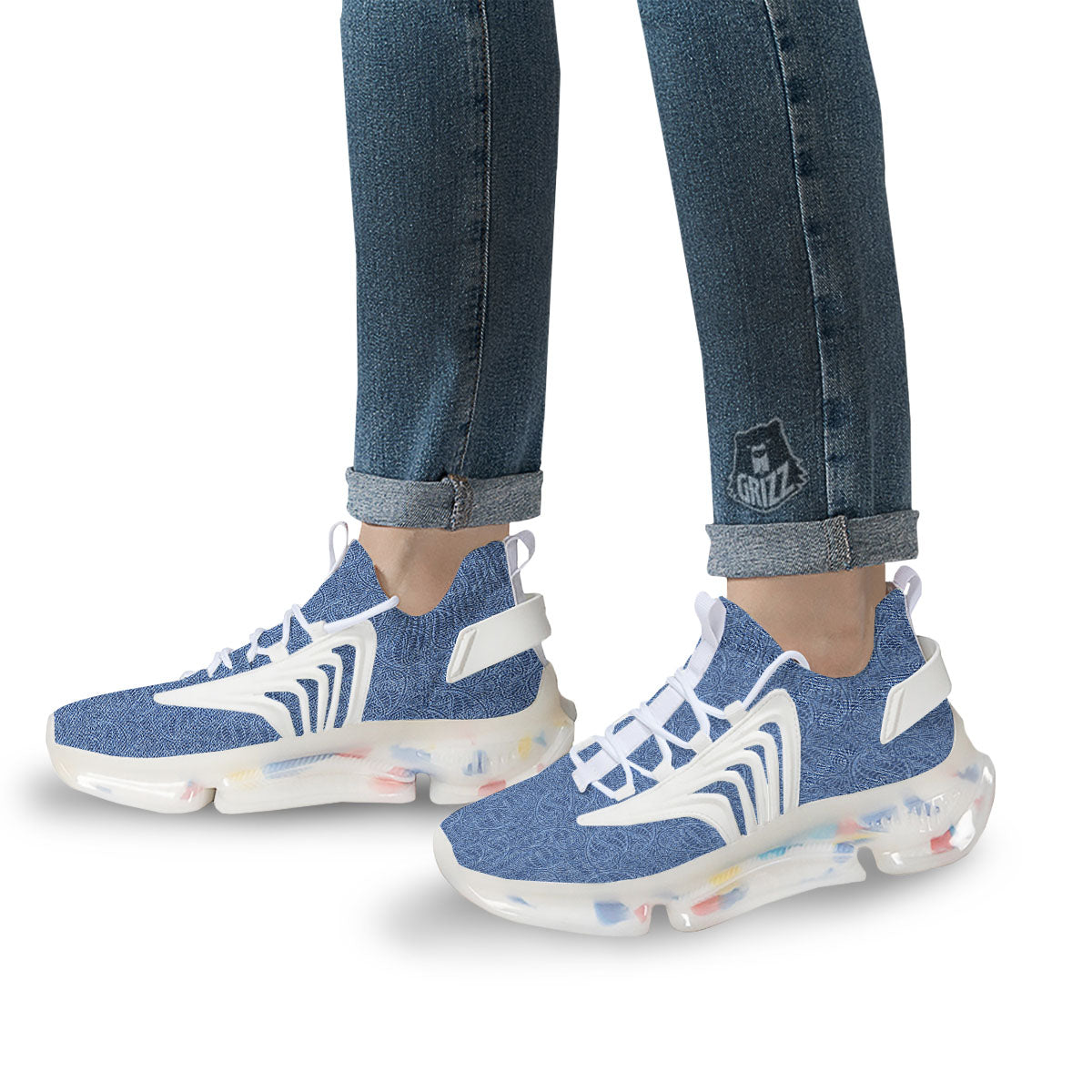 Western Paisley Blue Denim Print White Gym Shoes-grizzshop