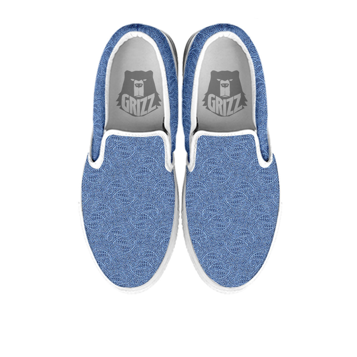 Western Paisley Blue Denim Print White Slip On Shoes-grizzshop