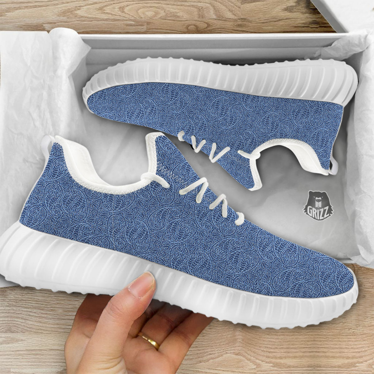 Western Paisley Blue Denim Print White Walking Shoes-grizzshop