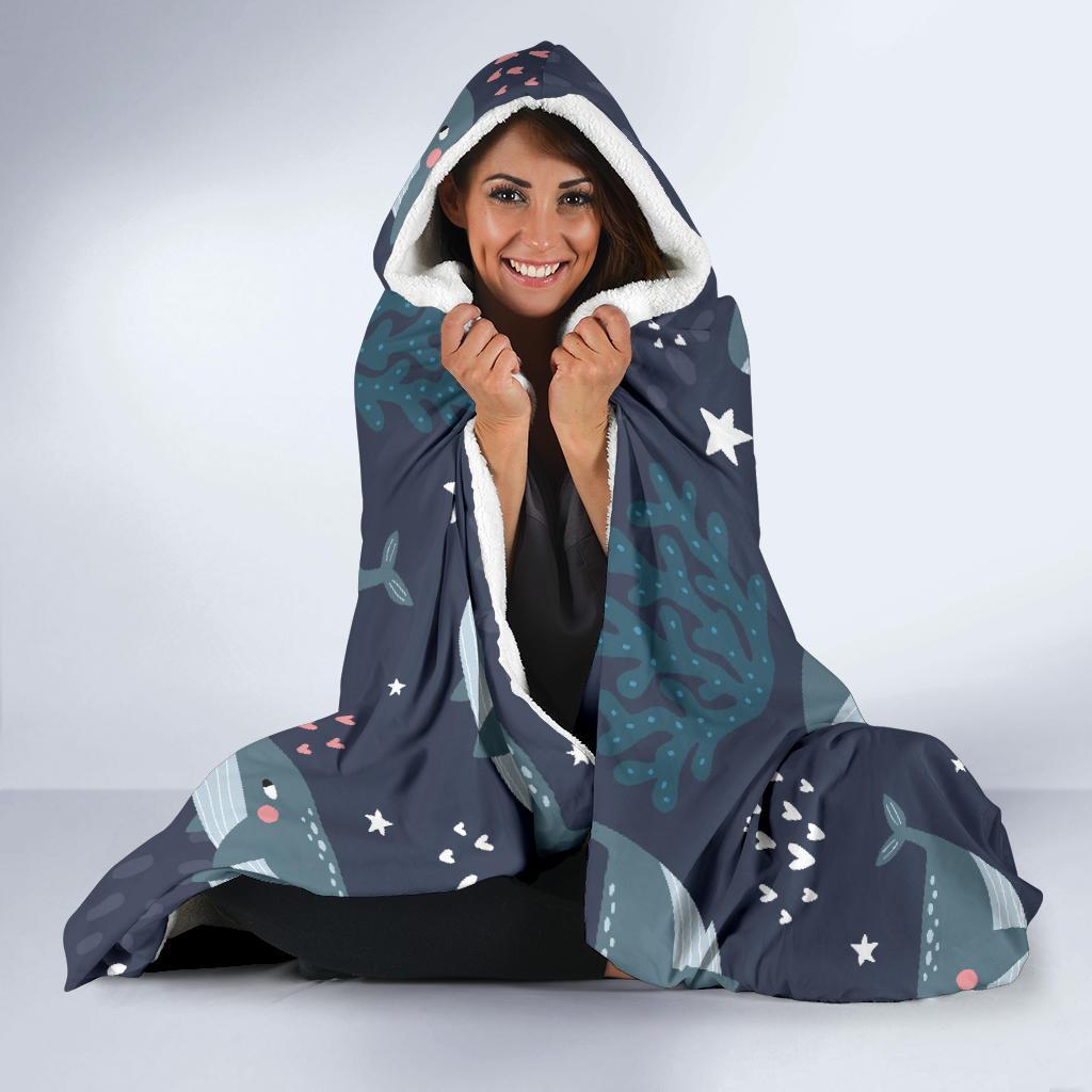 Whale Humpback Print Pattern Hooded Blanket-grizzshop