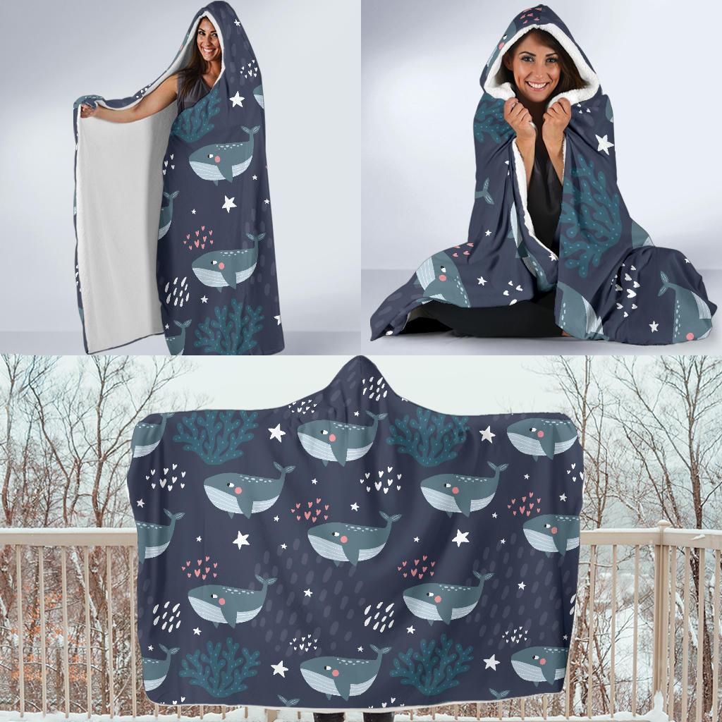 Whale Humpback Print Pattern Hooded Blanket-grizzshop