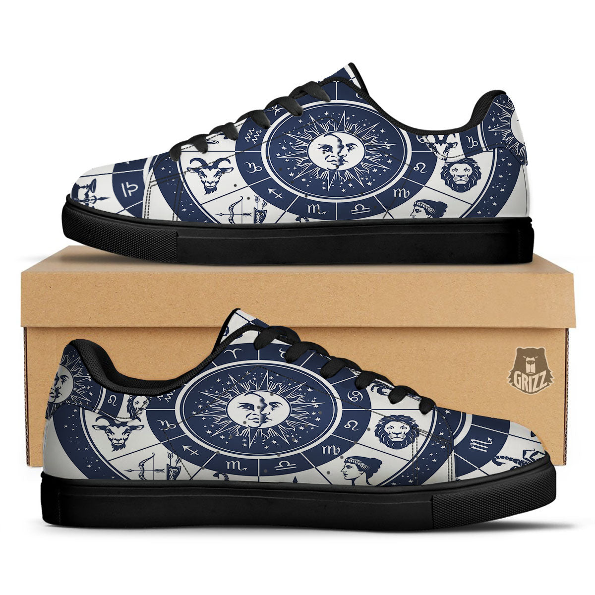 Wheel Zodiac Signs Print Black Low Top Sneakers-grizzshop