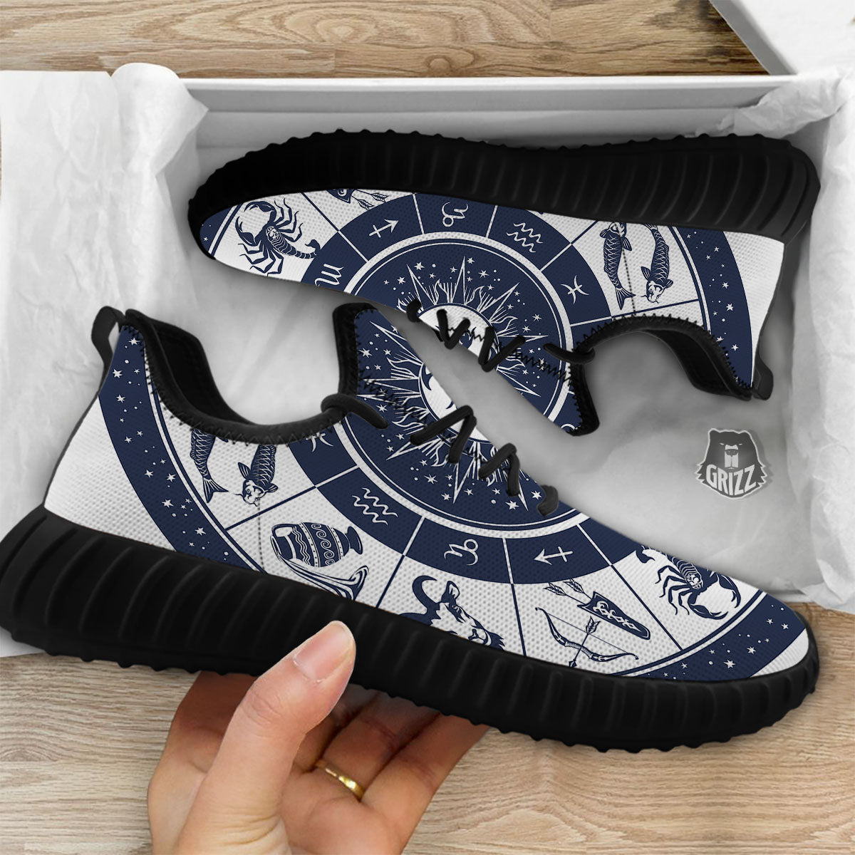 Wheel Zodiac Signs Print Black Walking Shoes-grizzshop