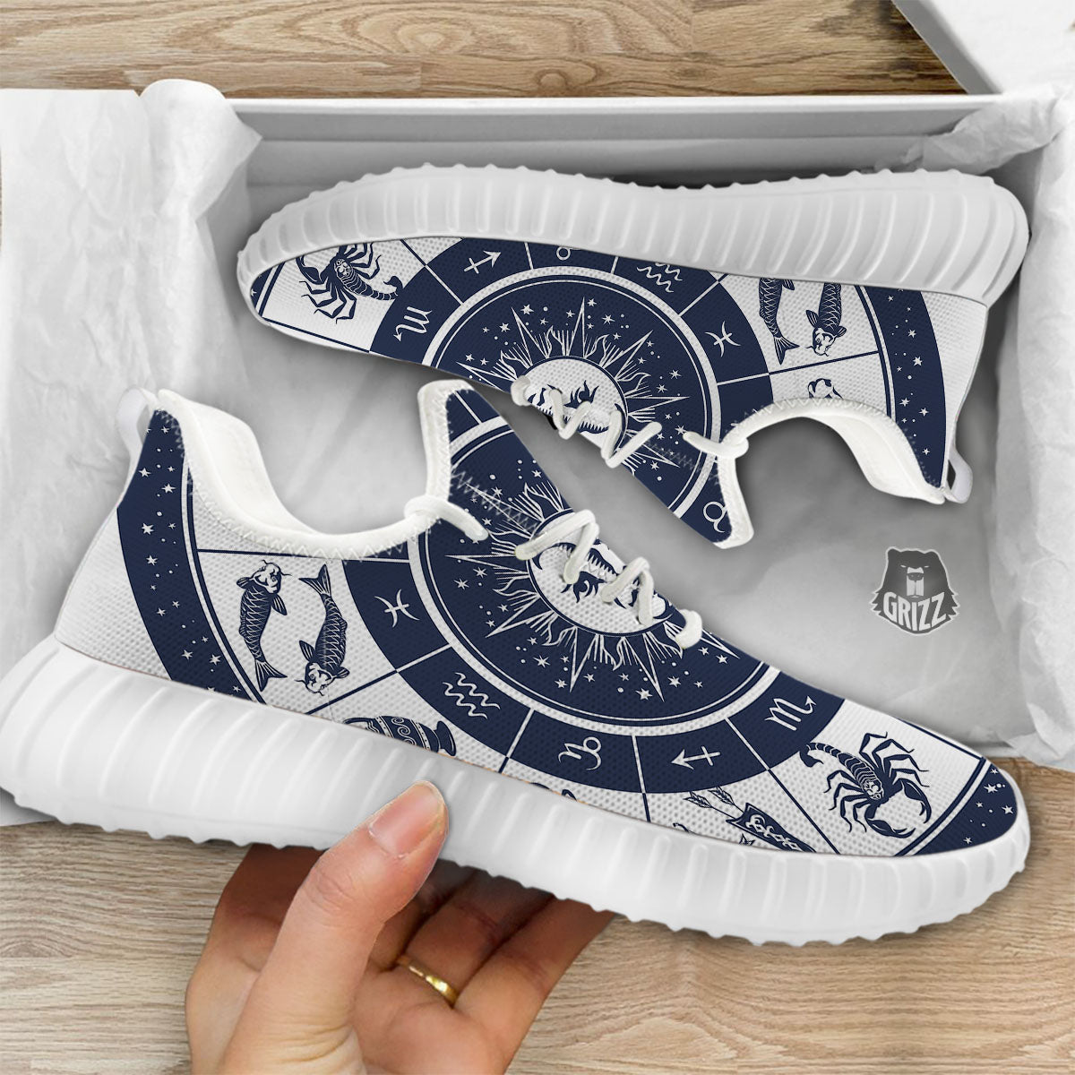 Wheel Zodiac Signs Print White Walking Shoes-grizzshop