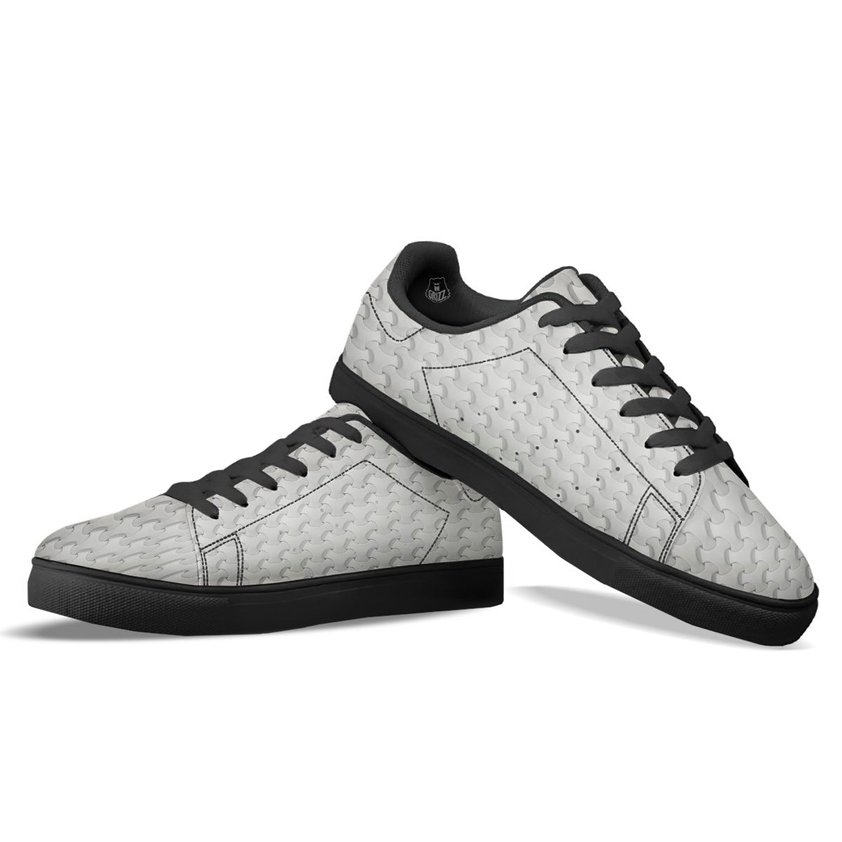 White Abstract 3D Geometric Print Pattern Black Low Top Sneakers-grizzshop