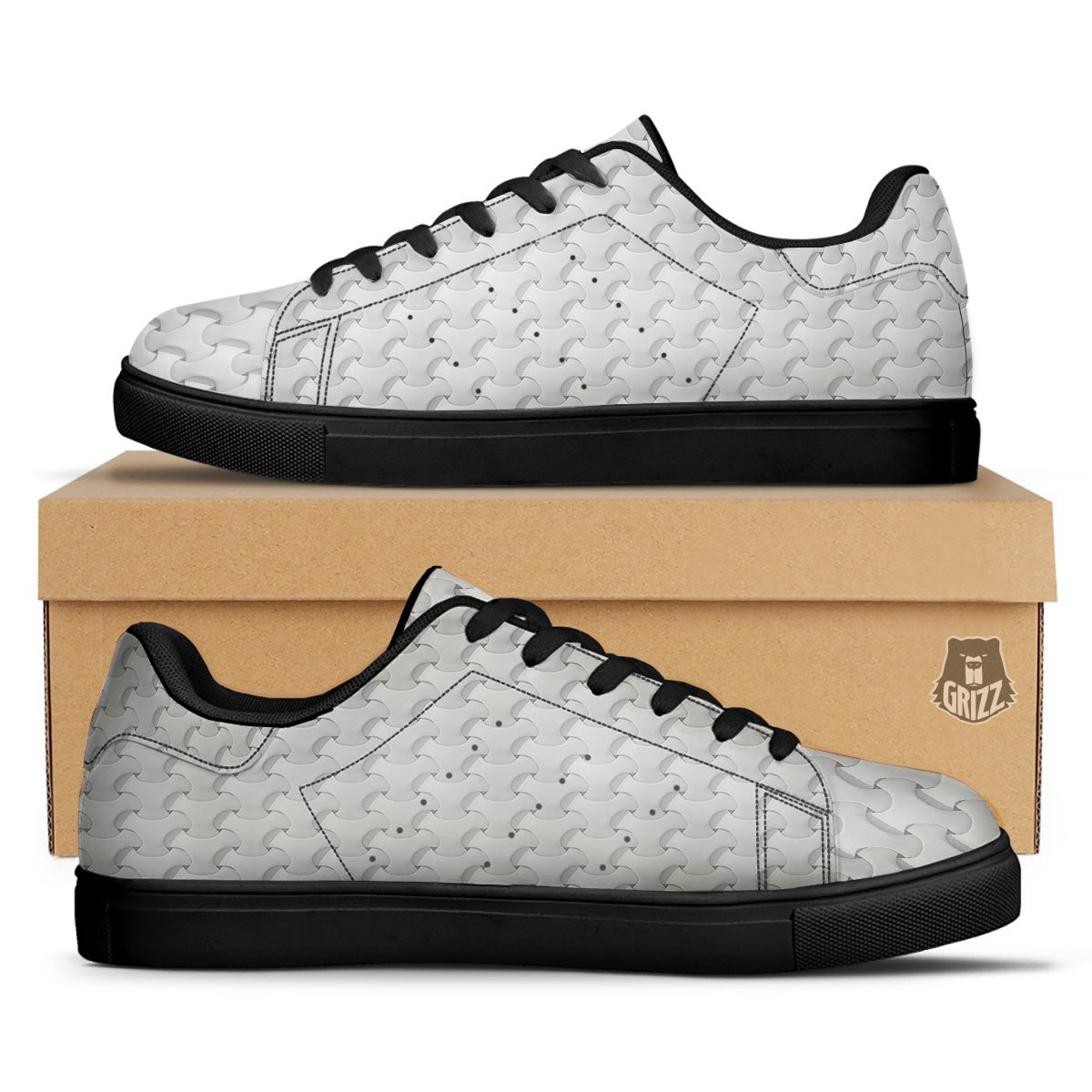 White Abstract 3D Geometric Print Pattern Black Low Top Sneakers-grizzshop