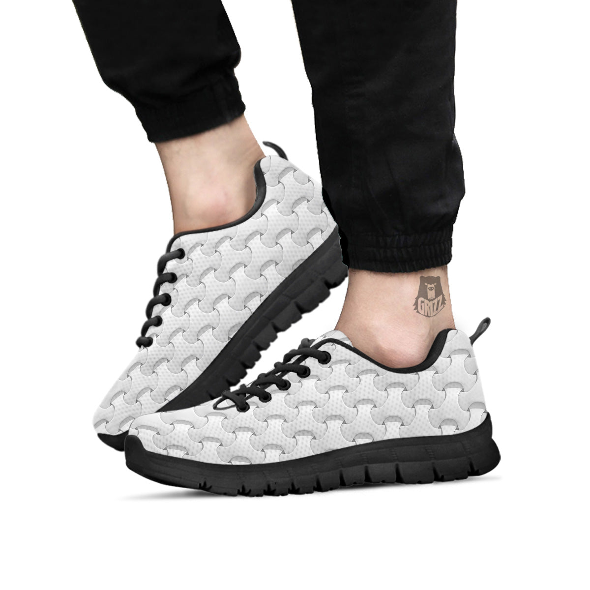 White Abstract 3D Geometric Print Pattern Black Sneaker-grizzshop