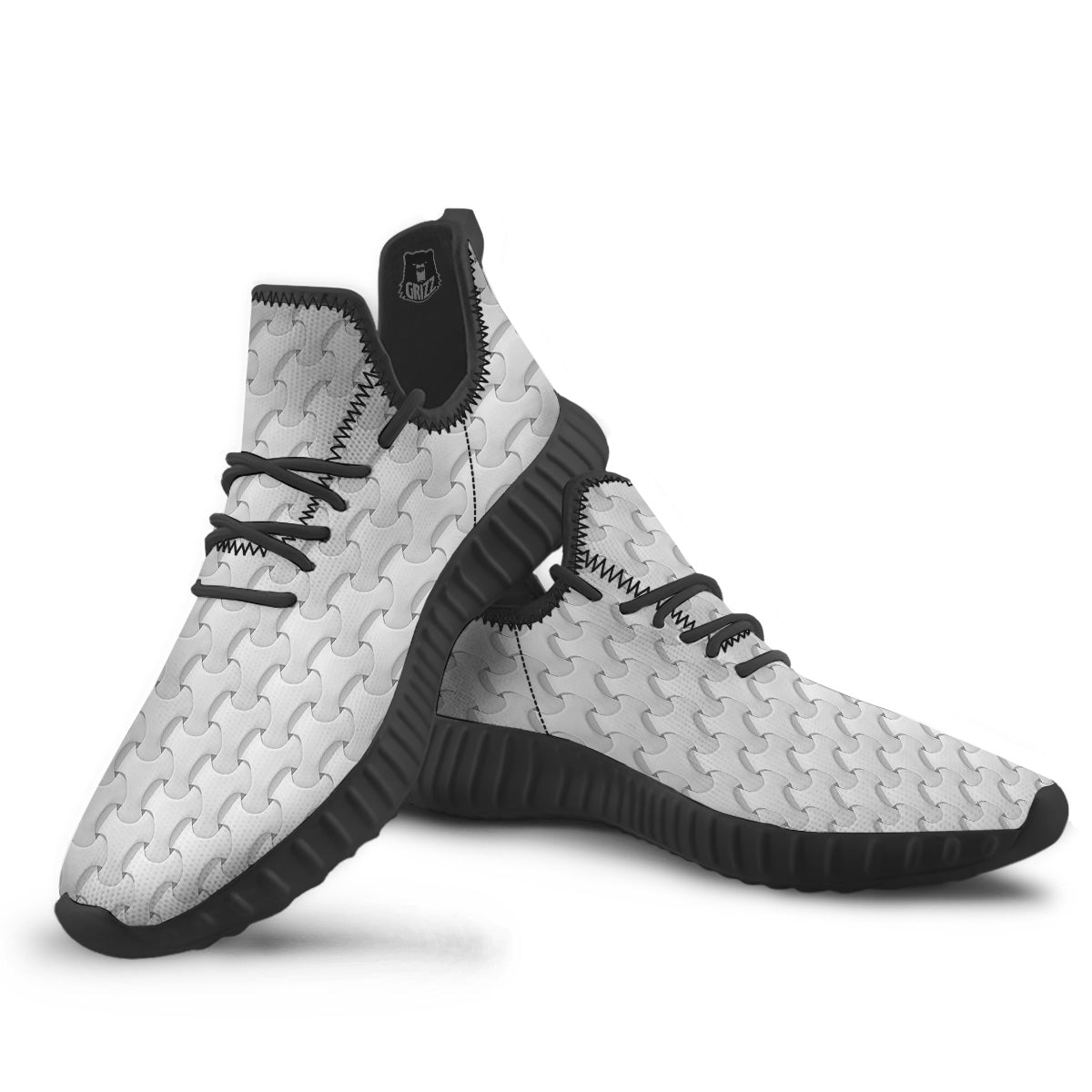 White Abstract 3D Geometric Print Pattern Black Walking Shoes-grizzshop